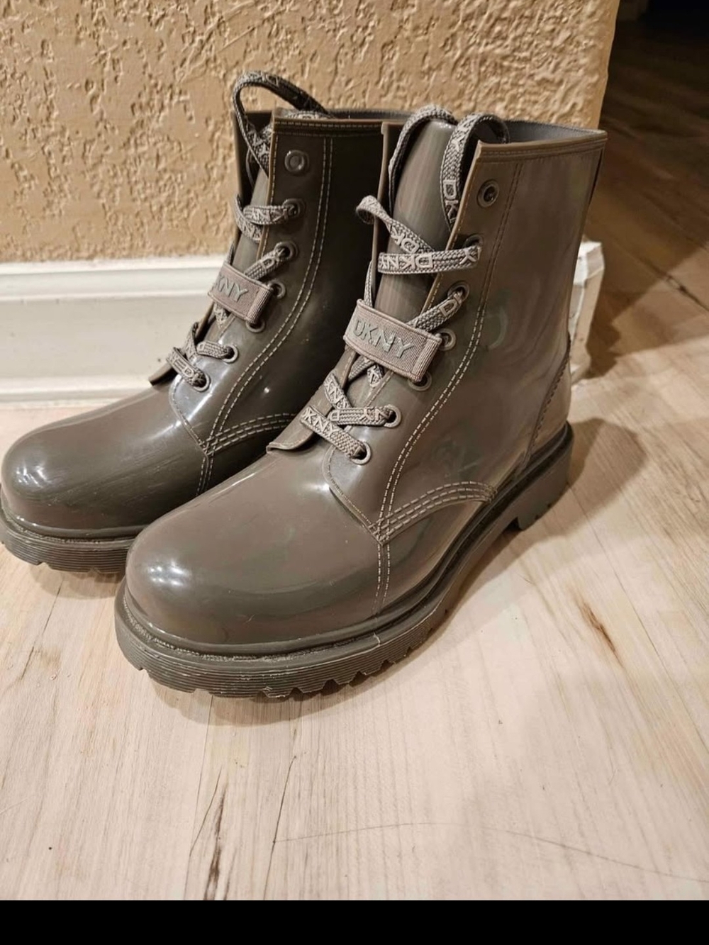 DKNY Glossy Olive Lace-Up Combat Boots